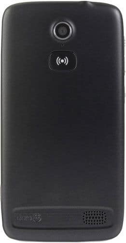 Doro 8030 rear view showing camera lens, wireless icon, and speaker grille on black phone back