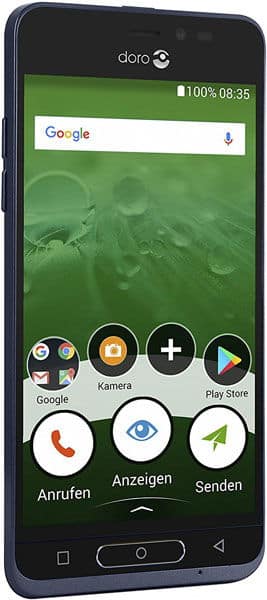 Doro 8035 smartphone front view with green leaf background, Google search bar, and home screen icons including Camera, Anrufen, Anzeigen, and Senden