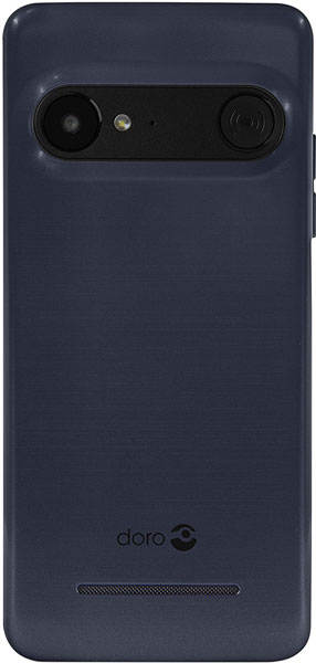 Doro 8035 rear view, showing dual camera setup and speaker on dark blue back panel