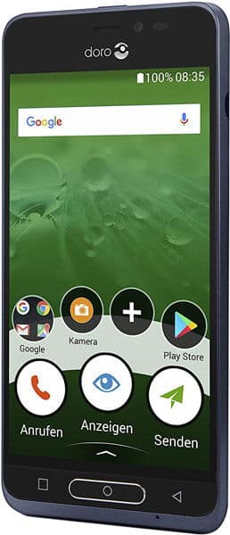 Doro 8035 smartphone, front view, displaying home screen with Google search bar, app icons, and simplified interface with large buttons for calling, messaging, and camera functions
