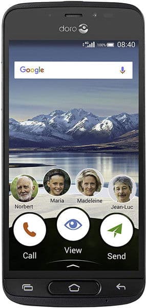 Doro 8040 front view with Google search bar, mountain landscape wallpaper, four contact photos, and large Call, View, Send buttons below