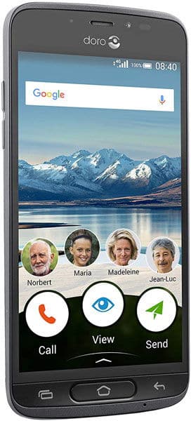 Doro 8040 front view, displaying home screen with Google search bar, mountain landscape wallpaper, contact shortcuts, and call, view, and send buttons