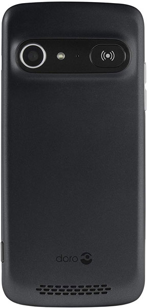 Doro 8040 rear view, black phone with camera lens, speaker, and Doro logo visible