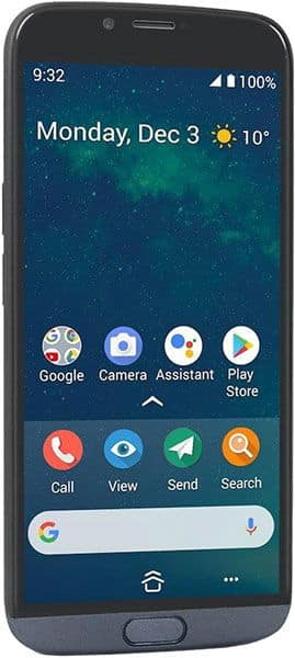 Doro 8050 front view, black smartphone displaying home screen with weather, time, and app icons including Google, Camera, Assistant, and Call