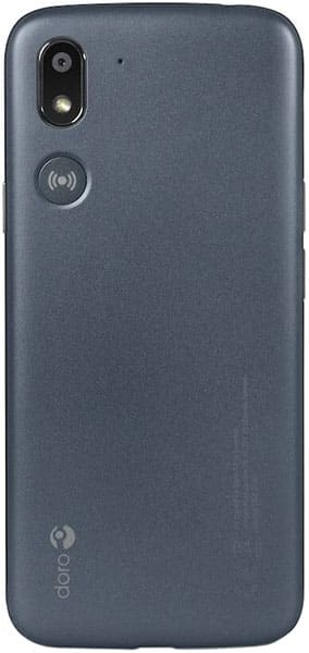 Doro 8050 rear view, dark blue phone with camera and speaker icons visible on back