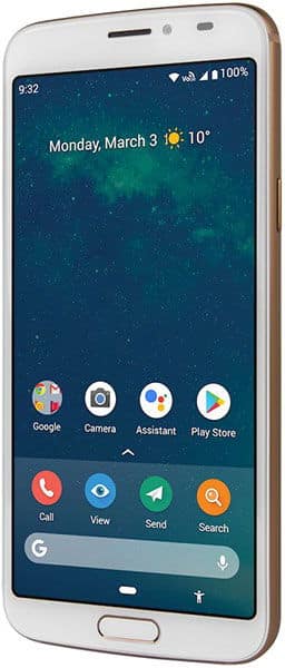 Doro 8080 smartphone, front view, white and gold with home screen displaying date, weather, and app icons for Call, Camera, Assistant, and Search