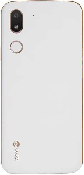 Doro 8080 rear view, white back with dual camera, fingerprint sensor, and Doro logo