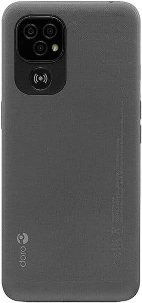 Doro 8100 rear view, showing triple camera setup and wireless charging symbol on gray back panel
