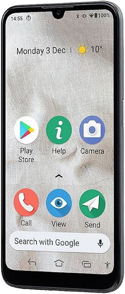 Doro 8100 smartphone displaying home screen with large app icons for Play Store, Help, Camera, Call, View, and Send, with Google search bar at bottom