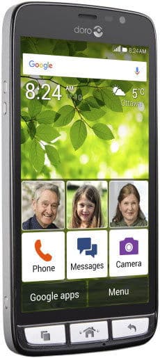 Doro 824 SmartEasy front view with touchscreen displaying time, Google search, contact photos, and app icons for Phone, Messages, and Camera
