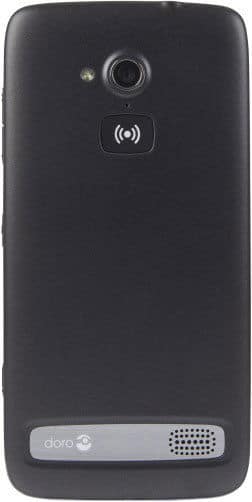Doro 824 SmartEasy rear view, black phone with camera lens and speaker grille at bottom