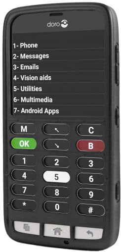 Doro 824C front view, showing main menu with numbered options from Phone to Android Apps, numeric keypad, and colored function buttons