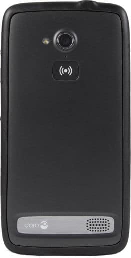 Doro 824C rear view, black phone with camera lens, wireless icon, and speaker grille at bottom