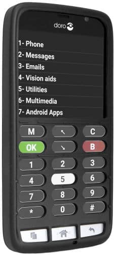 Doro 824C front view showing menu screen with options for Phone, Messages, Emails, Vision aids, Utilities, Multimedia, and Android Apps, with numeric keypad and control buttons below