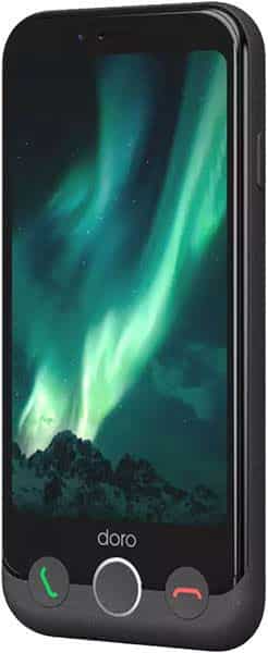Doro Aurora A10 front view, displaying aurora borealis wallpaper on screen with physical call, home, and end buttons below