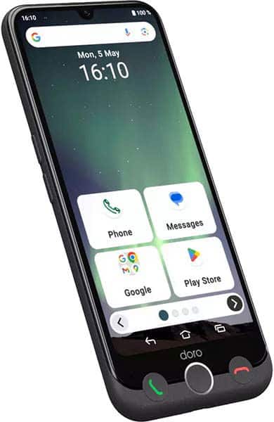 Doro Aurora A30 smartphone front view showing home screen with time, date, and large app icons for Phone, Messages, Google, and Play Store