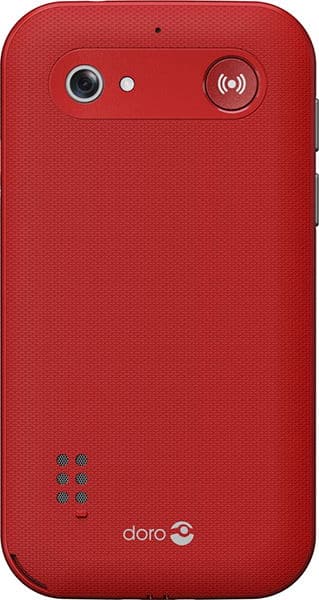 Doro Leva L10 rear view, red textured phone with camera lens, speaker grille, and Doro branding