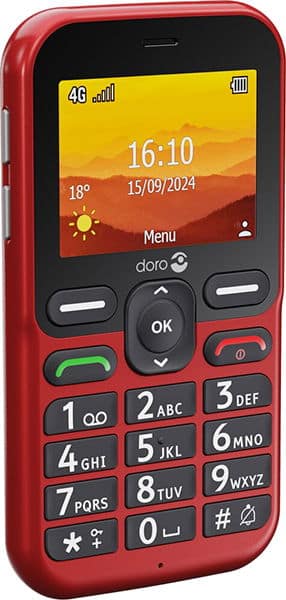 Doro Leva L10 front view, red mobile phone with yellow and orange sunset display showing time and date, physical keypad below screen