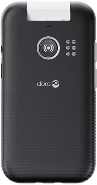 Doro Leva L20 rear view, black phone with large circular button and speaker grille, white notch at top
