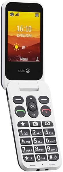 Doro Leva L20 flip phone, open, displaying weather and time on screen with large physical buttons below