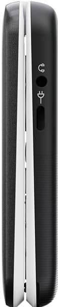 Doro Leva L20 phone, side view, showing white stripe along black clamshell exterior with navigation buttons