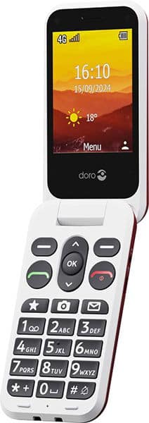 Doro Leva L30 flip phone, front view open, displaying time and weather on screen with physical keypad below
