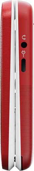 Doro Leva L30 red flip phone, side view showing closed position with white spine and control buttons