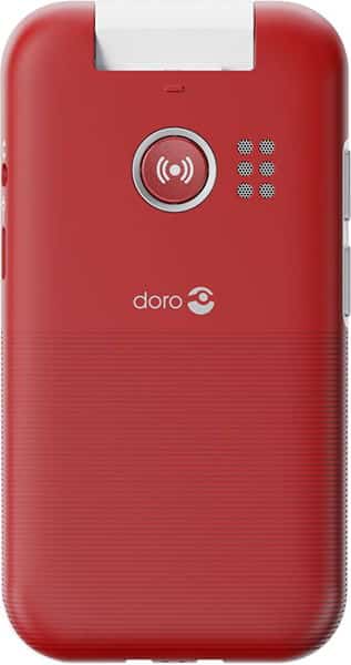 Doro Leva L30 red flip phone, front view, with circular dial pad and blue function buttons
