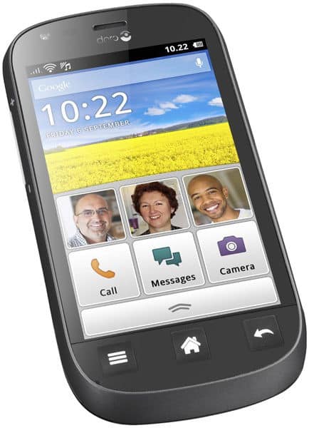 Doro Liberto 810 front view showing home screen with time, date, weather, contact photos, and large icons for Call, Messages, and Camera functions