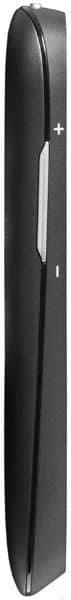 Doro Liberto 810 phone, side view, showing slim black candybar design with volume buttons and curved edges