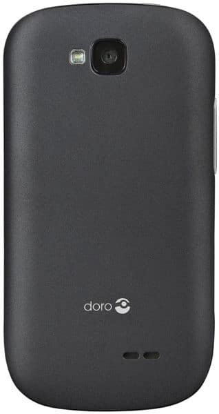 Doro Liberto 810 rear view, showing dark gray rounded back with camera lens and Doro logo