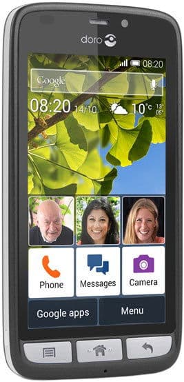 Front view of black Doro Liberto 820 showing home screen, large icons, three contact photos, and four hardware buttons below display.