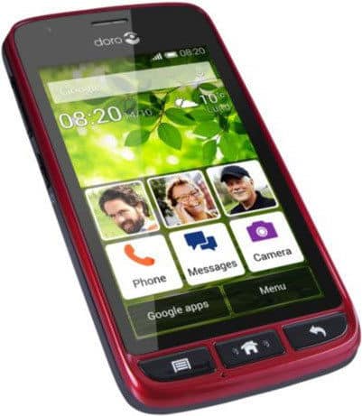 Front view of red Doro Liberto 820 Mini showing home screen with large icons; three physical buttons below display.