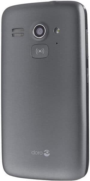 Rear view of grey Doro Liberto 820 Mini showing camera, flash, speaker grill, and wireless charging symbol below camera.
