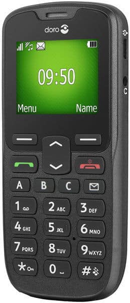 Doro PhoneEasy 506 front view, showing green display with time 09:50, physical keypad, and navigation buttons