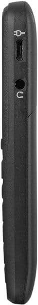 Doro PhoneEasy 506 side view, showing power button, speaker grille, and volume control on narrow black phone body