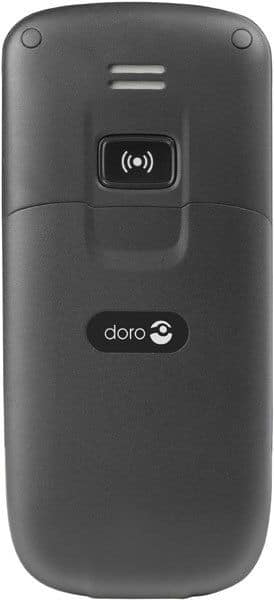 Doro PhoneEasy 506 rear view, gray flip phone with wireless charging symbol and doro branding visible