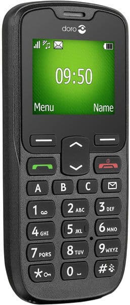 Doro PhoneEasy 506 front view, black phone with green screen displaying 09:50, physical keypad, and navigation buttons
