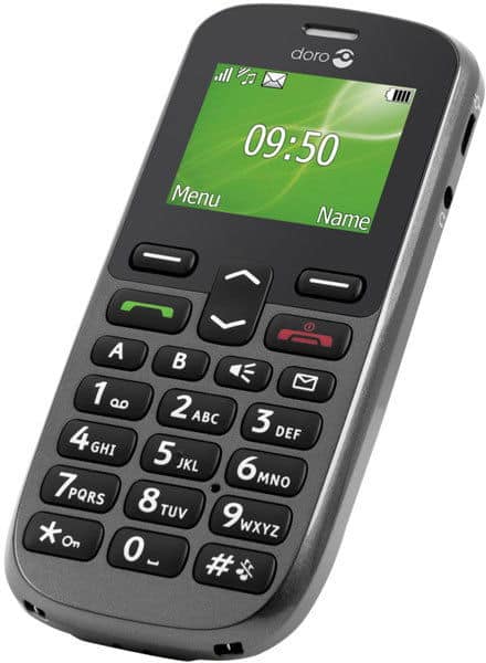 Front view of Doro PhoneEasy 508 showing small color screen at 09:50, large physical buttons, and simple interface.