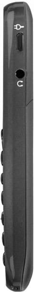 Side view of black Doro PhoneEasy 508 handset showing headphone jack, microphone ports, and partial round keypad.
