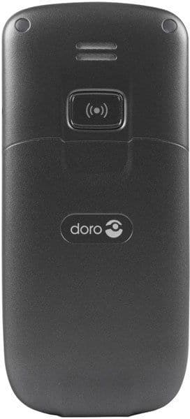 Rear view of closed black Doro PhoneEasy 508 flip phone with Doro logo, speaker grille, and central emergency button.