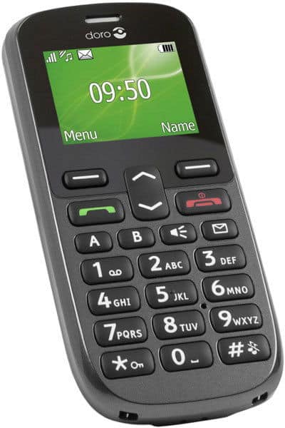 Front view of black Doro PhoneEasy 508 showing color display, navigation buttons, menu button, and large white keypad.