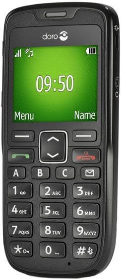Doro PhoneEasy 515 front view with green display showing time 09:50, physical keypad, and navigation buttons