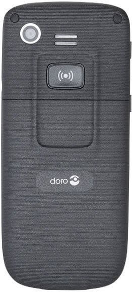Doro PhoneEasy 515 rear view, showing textured dark gray clamshell phone with speaker grille and doro logo