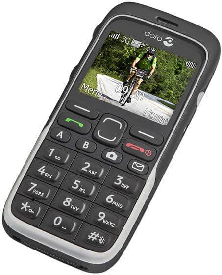 Front view of Doro PhoneEasy 520X with physical keypad, large number keys, and small display screen showing a cyclist.