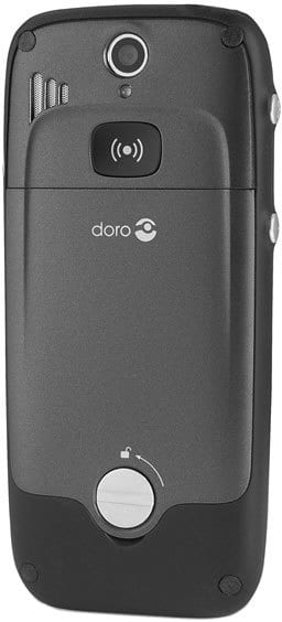 Rear view of black Doro PhoneEasy 520X flip phone with camera, speaker grill, emergency button, and centered Doro logo.