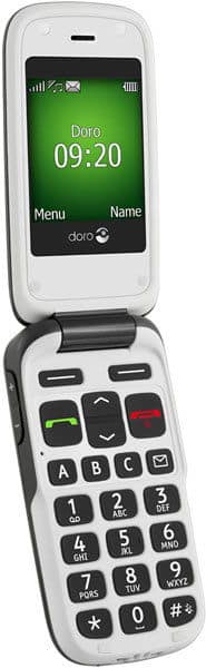 Doro PhoneEasy 610 flip phone, open, displaying green screen with time 09:20 and large numeric keypad below