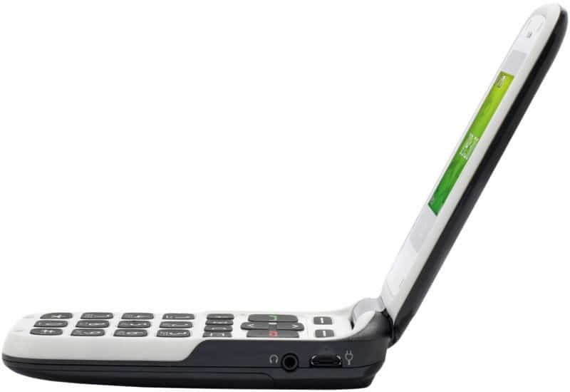 Doro PhoneEasy 610 front view, open with numeric keypad and green display screen visible