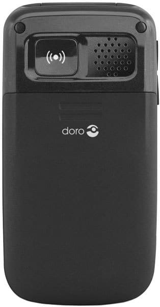 Doro PhoneEasy 610 rear view, black candybar phone with speaker grille and wireless charging symbol visible on top panel