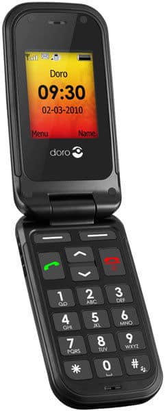 Doro PhoneEasy 409 flip phone, open position, displaying time and date on screen with large numeric keypad below